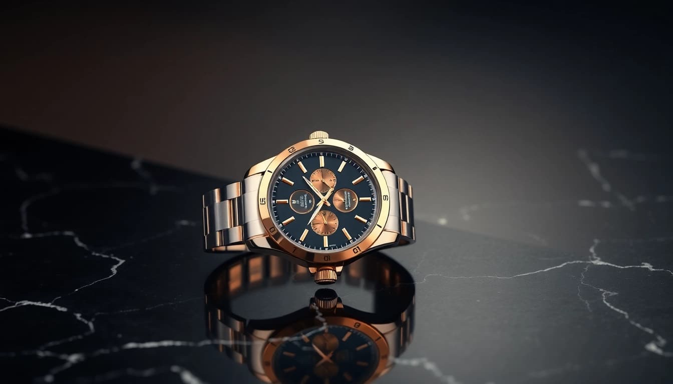 Admire this stunning replica watch showcasing its intricate design and metallic features.