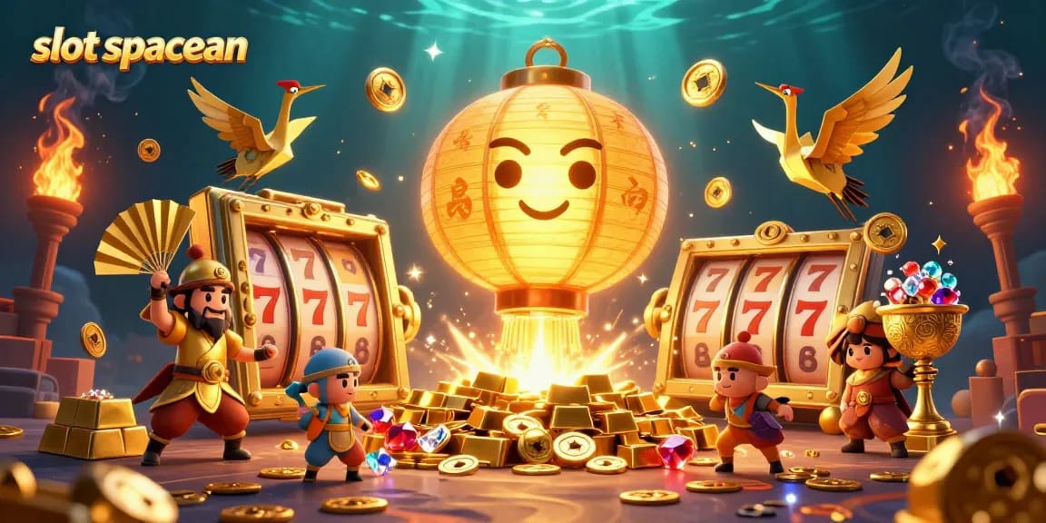 Win big with slot spaceman in a vibrant casino scene filled with gold treasures and dynamic characters.