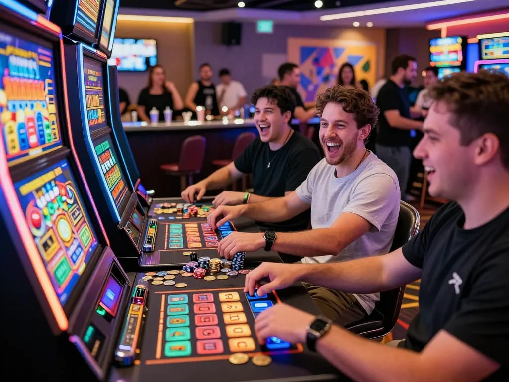 Exciting scene showcasing players enjoying link gacor slot machines in a vibrant casino atmosphere