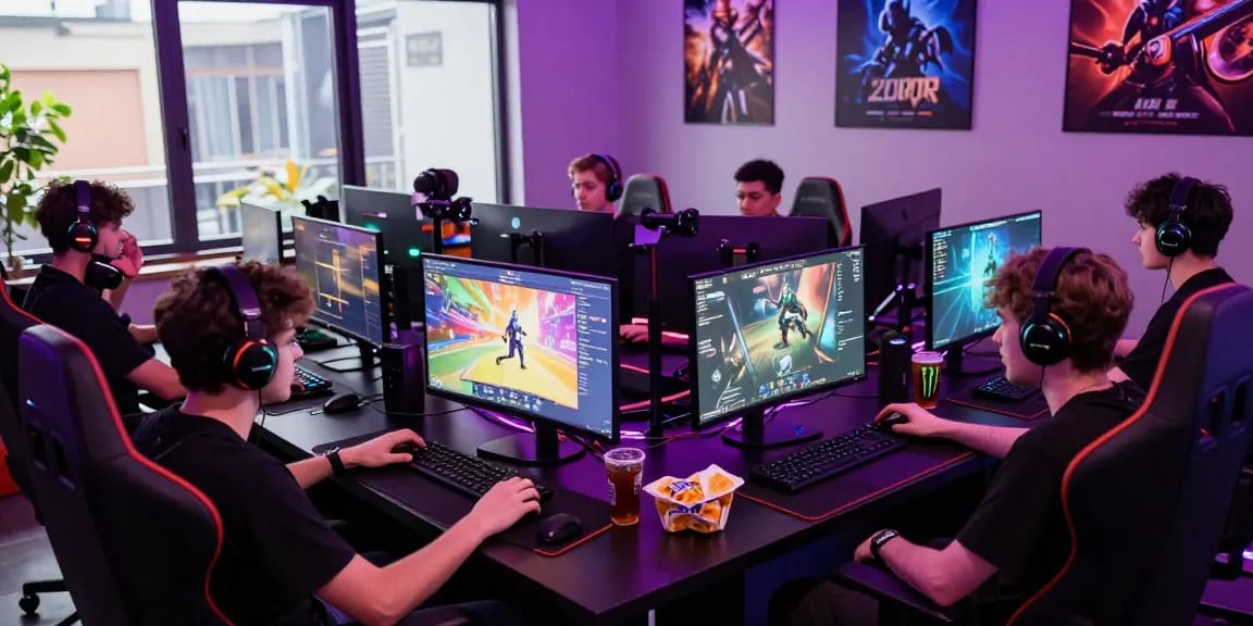 Para pemain terjun4d sedang asyik bermain game multipemain di ruangan yang penuh energi dan cahaya LED.