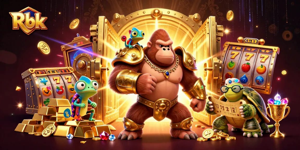 Rbk illustrates a powerful gorilla king in battle armor surrounded by treasure and slot machine elements.