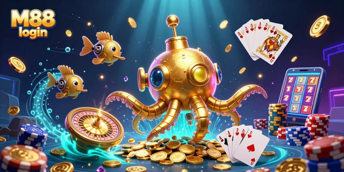 M88 login to a vibrant online casino environment with golden treasures, card games, and playful characters.