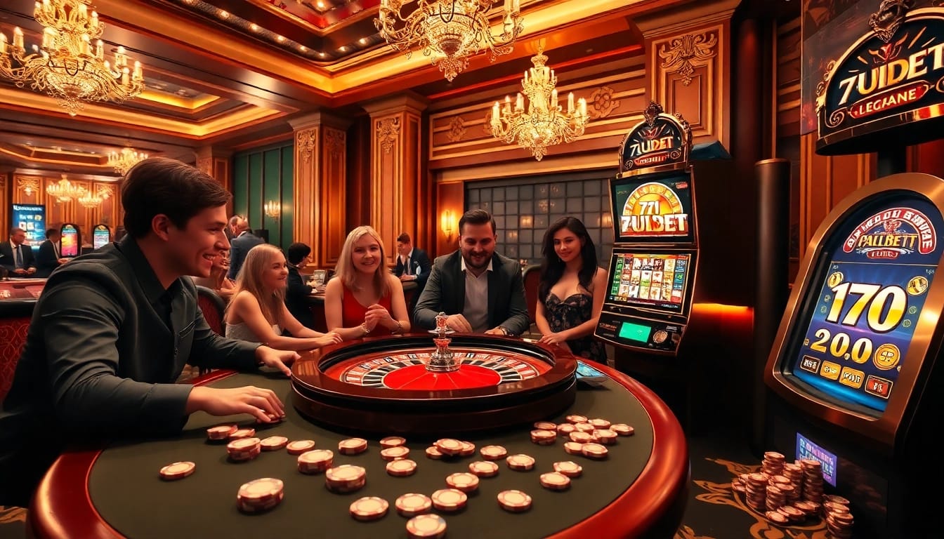 Experience thrilling bets at 7upbet with players enjoying blackjack and roulette in an elegant casino.