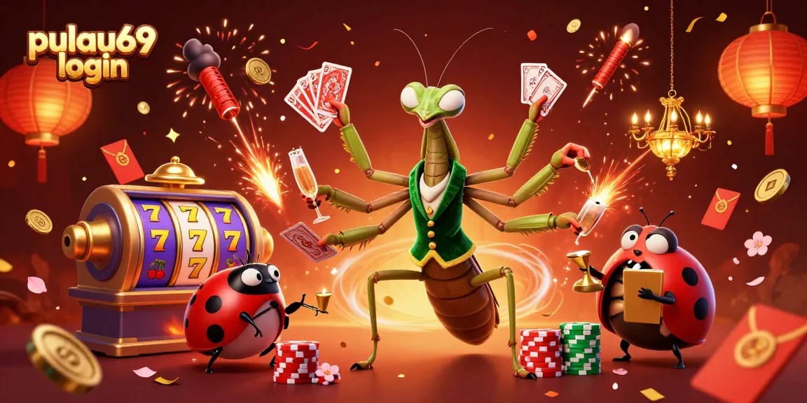Experience the excitement of pulau69 login with vibrant slot reels, festive confetti, and dynamic gaming characters.