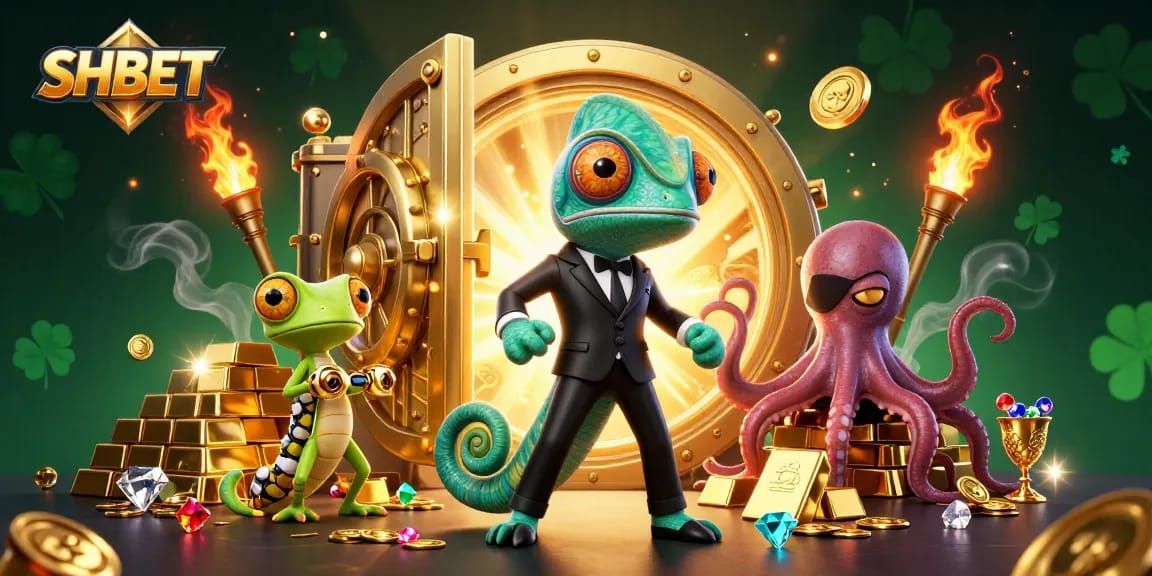 Experience thrilling moments with SHBET's vibrant casino adventure featuring dynamic characters and treasures.
