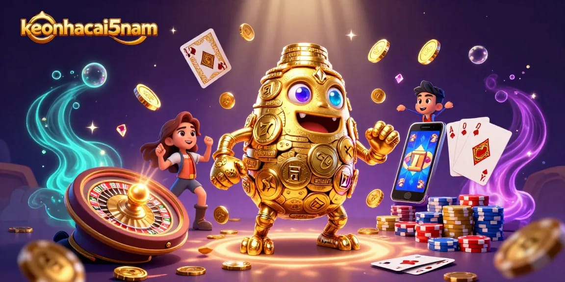 Experience thrilling action with keonhacai5nam's golem amidst cascading coins and dynamic casino elements.