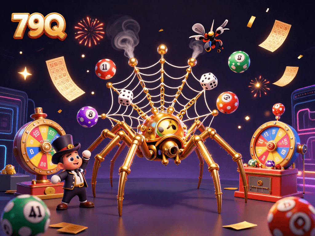 Participar da sorte com 79Q, enquanto dados infelizes caem na teia de uma aranha dourada.