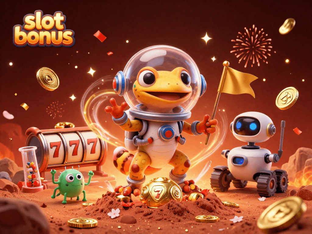 Experience the excitement of slot bonus with Martian characters discovering winning opportunities in a vibrant casino scene.