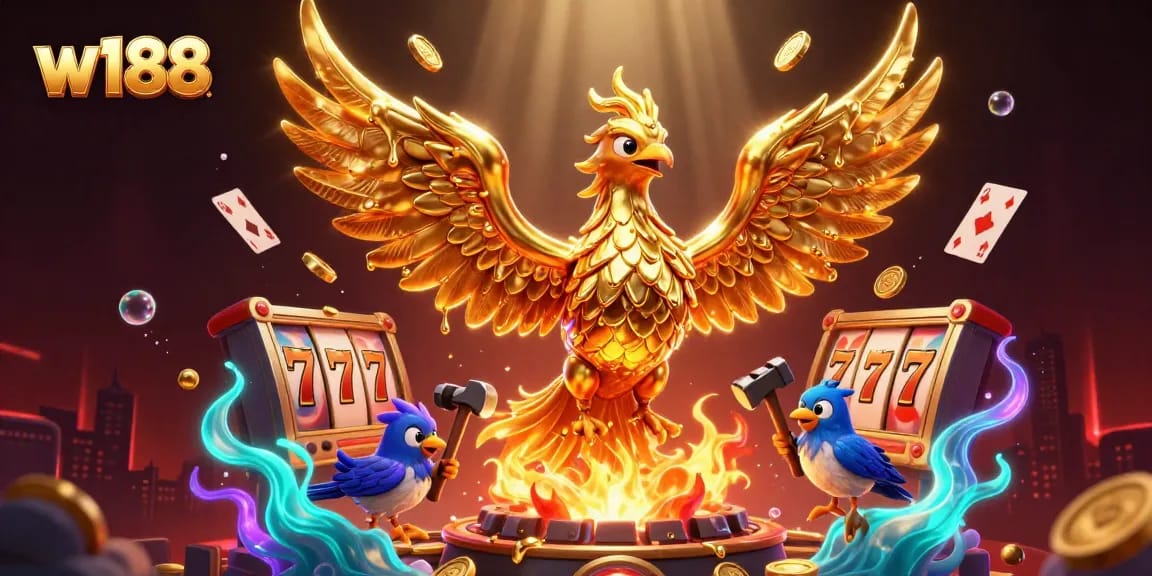 Experience winning gaming at w188 with golden phoenix, vibrant slot elements, and dynamic action.