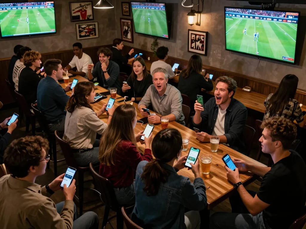 Tỷ lệ kèo nhà cái being analyzed by enthusiasts using betting apps in a lively sports bar setting.