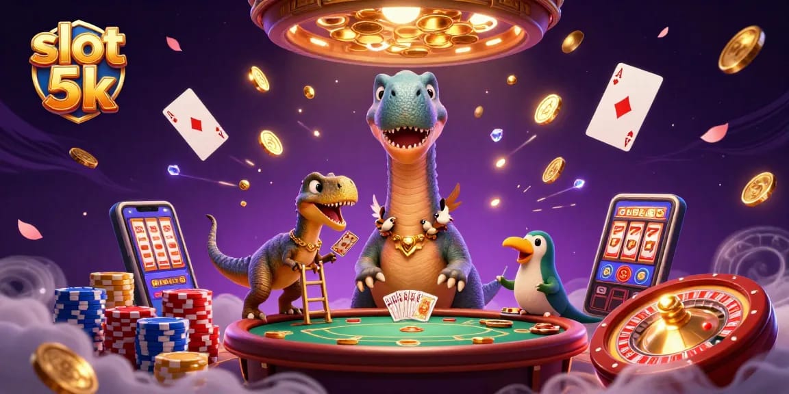 Engage with slot 5k excitement as a giant brontosaurus oversees a lively casino scene filled with colorful poker chips and dynamic card action.