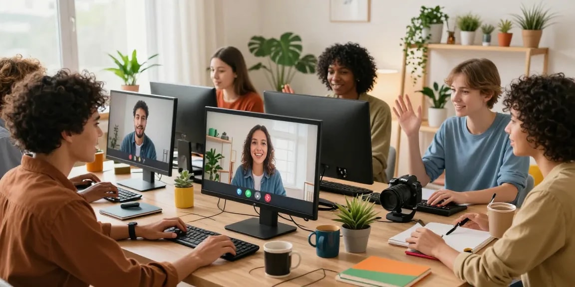 Engaging online video chat scene for شات فله featuring diverse individuals in cozy home offices.