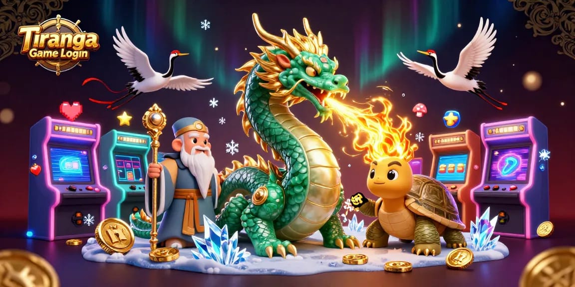Tiranga Game Login scene showcasing a dragon and turtle sage surrounded by vibrant gaming elements for an immersive experience.