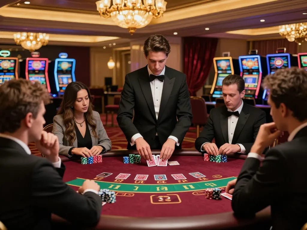 Engaged players at hitclub blackjack table strategically placing bets in upscale casino atmosphere.