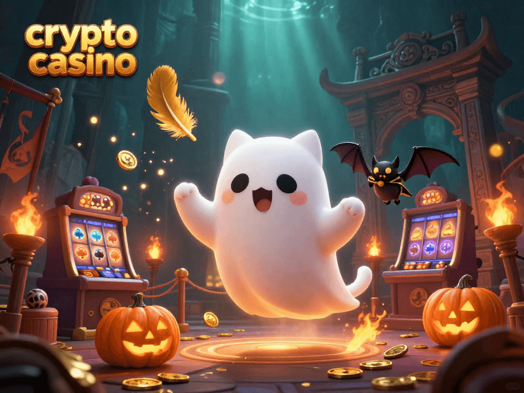 Experience a lively crypto casino scene with a ghost cat and magical elements!