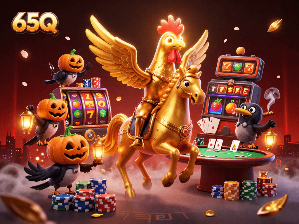 Aposte com 65Q enquanto desfruta de uma emocionante cena de cassino cheia de slots e elementos de pôquer.