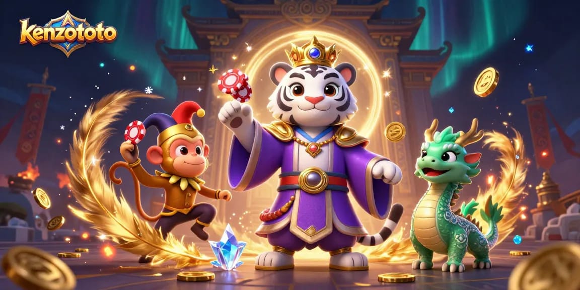 Kenzototo showcases a vibrant 3D scene with a playful monkey, elegant tiger, and a dragon amid golden chips and dynamic casino elements.