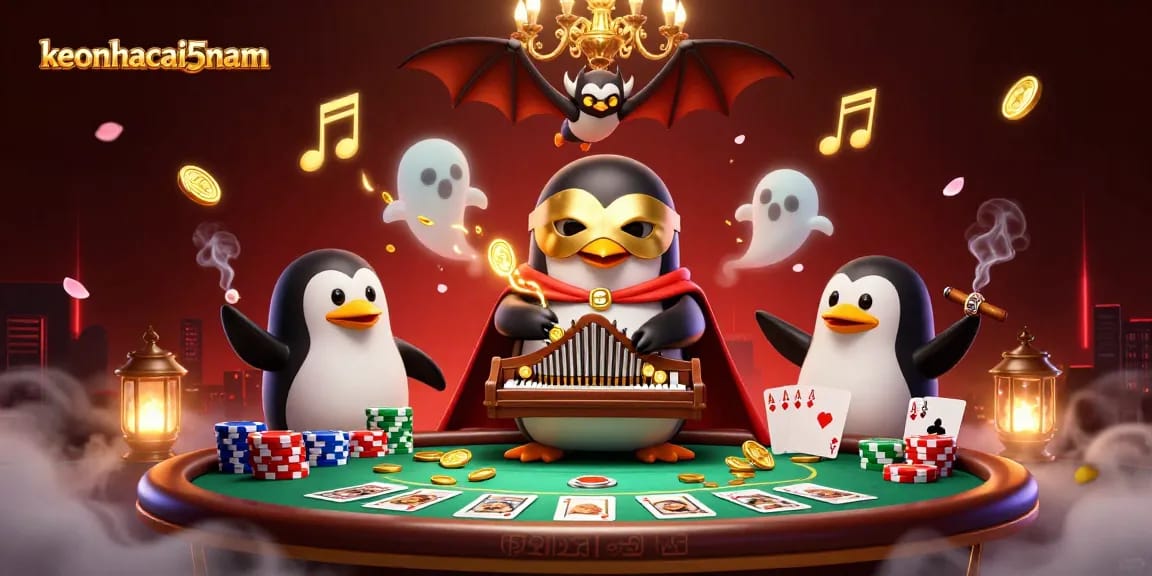 Experience excitement with keonhacai5nam as a penguin plays organ shooting coins in a vibrant casino scene.