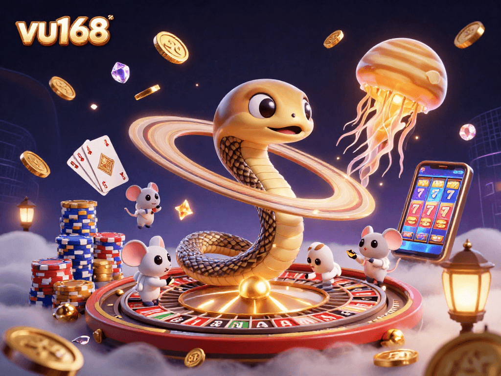 Experience the fun of betting on vu168 with cosmic characters as they play among dazzling casino elements.