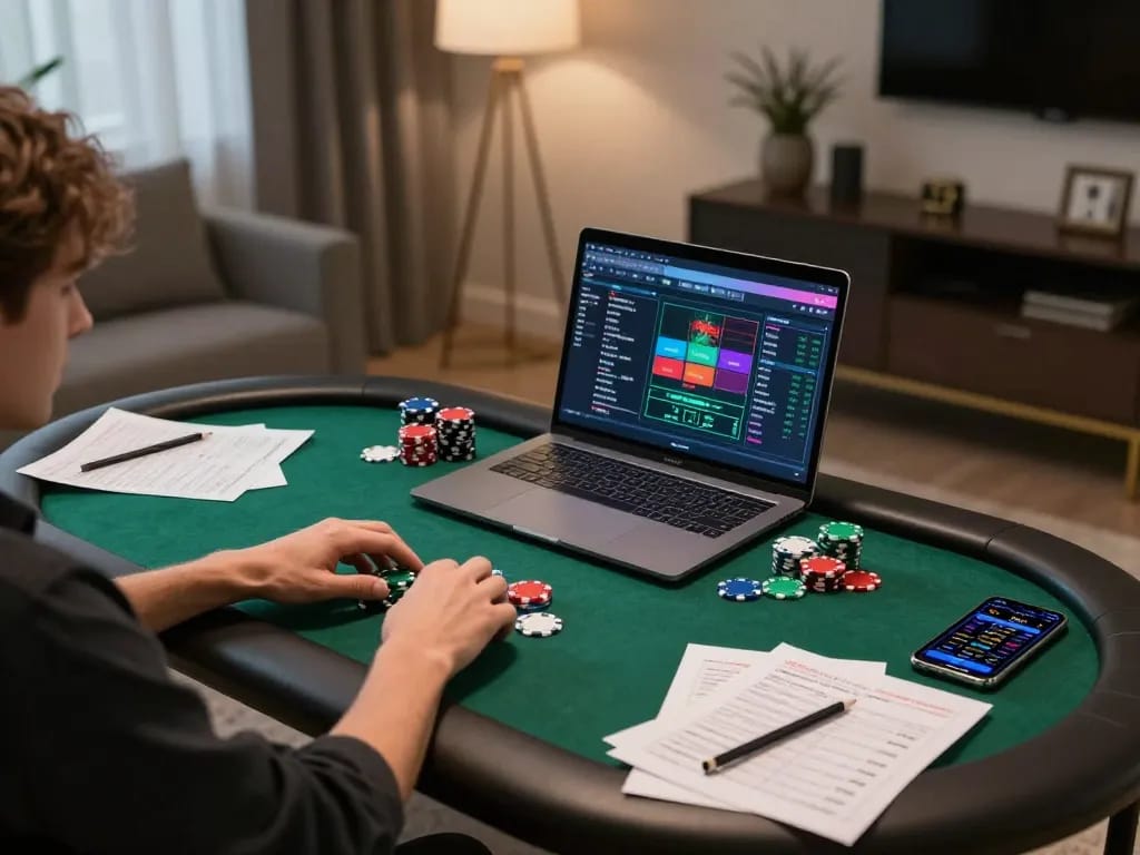 Enjoying online poker gaming on 23win app in a cozy home environment with strategic notes.