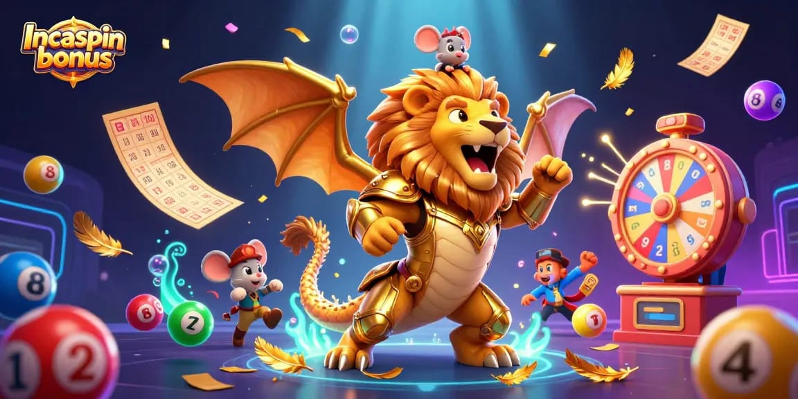 Playing with the Incaspin bonus, a chimera creature roars triumphantly amid colorful lottery elements.
