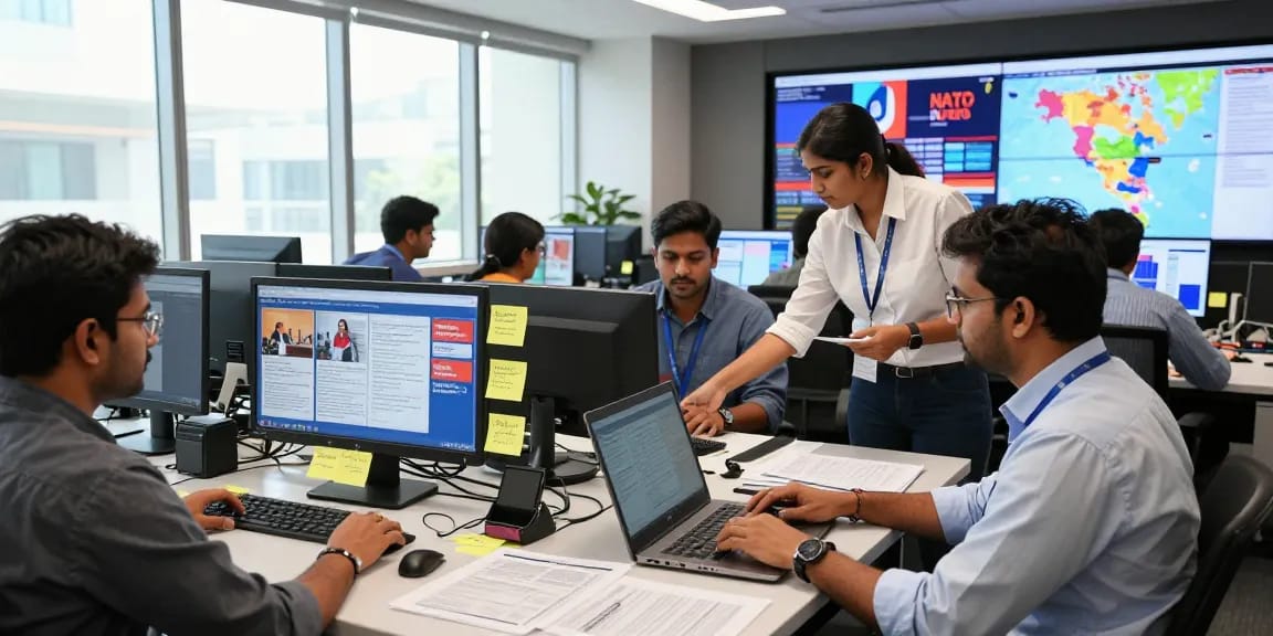 Newsroom collaboration at https://www.theindaily.com showcasing journalists analyzing breaking news with engaging visuals.