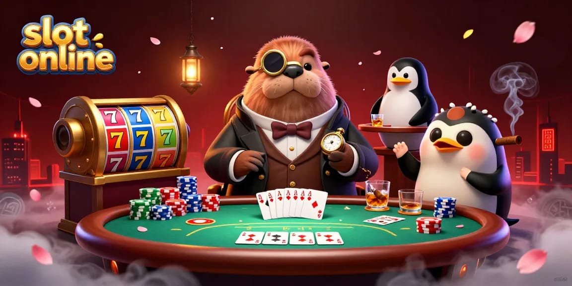 Experience thrilling slot online action with our whimsical walrus dealer, energetic player, and vibrant gaming elements.