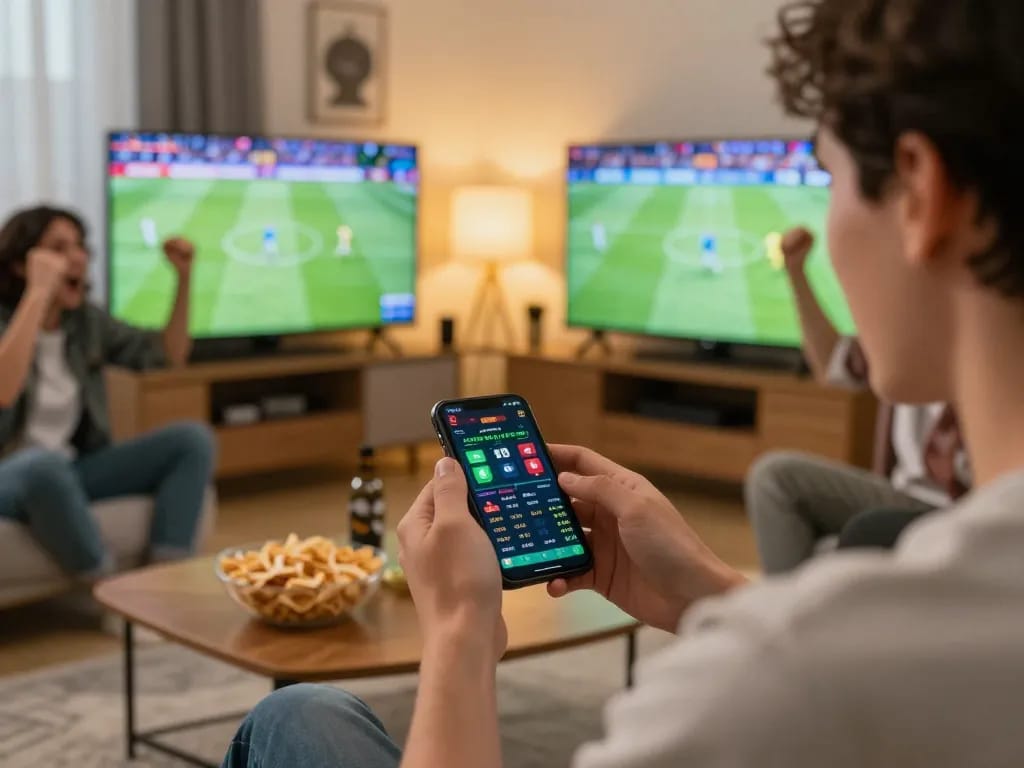 Engaging in sports betting on a smartphone while watching live sports, ทางเข้า m120 interaction in a lively home setting.