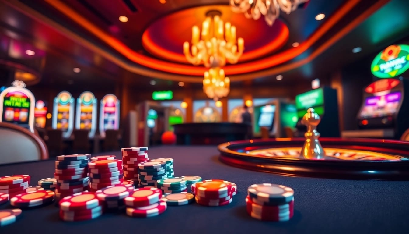 Engage in the excitement of Tool xổ số siêu tốc with vibrant casino elements showcasing poker chips and roulette.