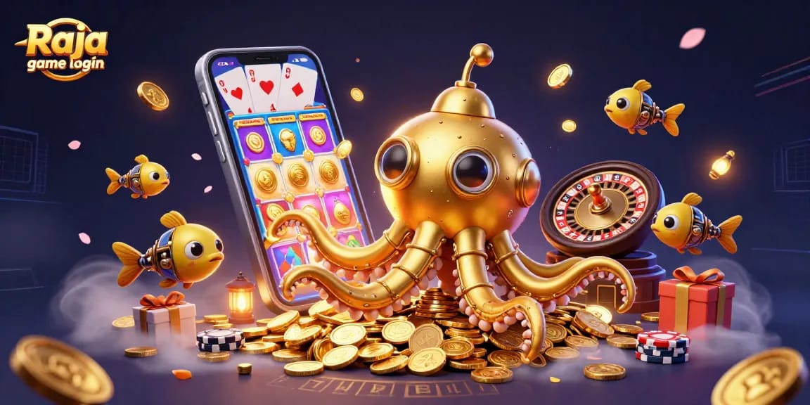 Experience the thrilling action of Raja game login with our vibrant 3D digital illustration featuring an engaging casino scene filled with games.