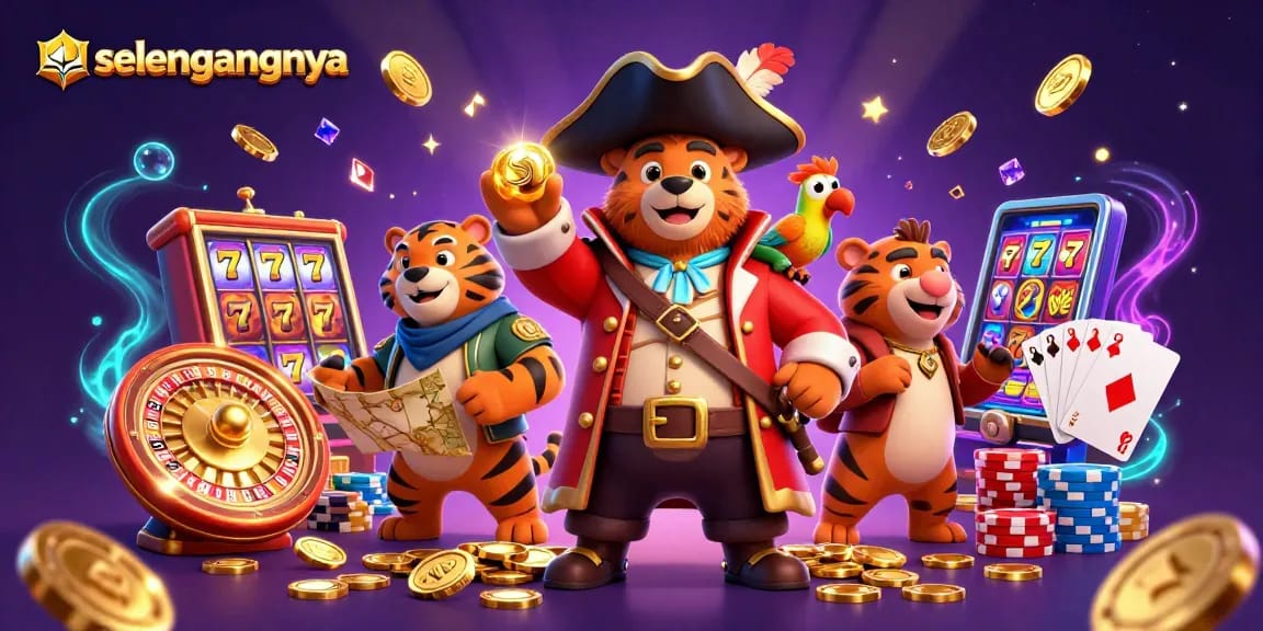 Experience exhilarating gameplay with selengkapnya, featuring a pirate bear, tiger, and vibrant casino elements.