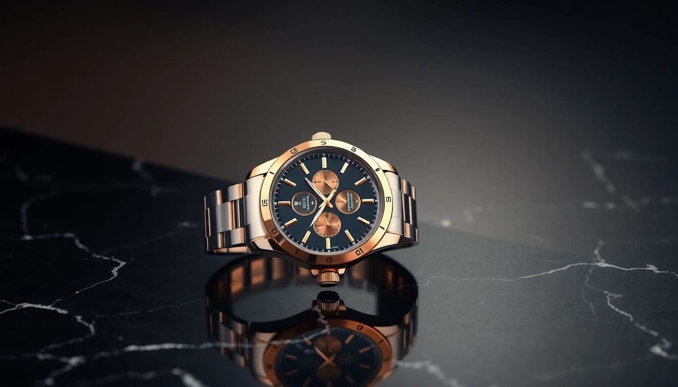 Admire this stunning replica watch showcasing its intricate design and metallic features.