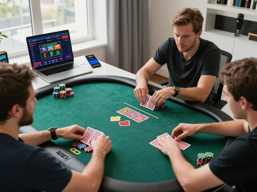 Exciting online poker gameplay at pintu888top with players actively engaged at home