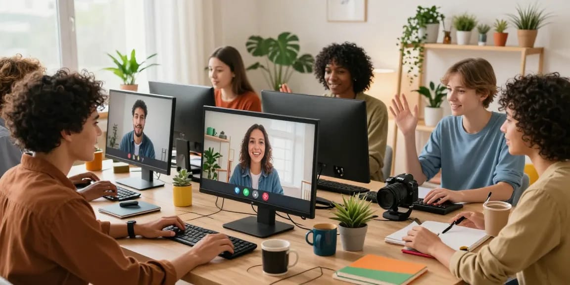 Engaging online video chat scene for شات فله featuring diverse individuals in cozy home offices.