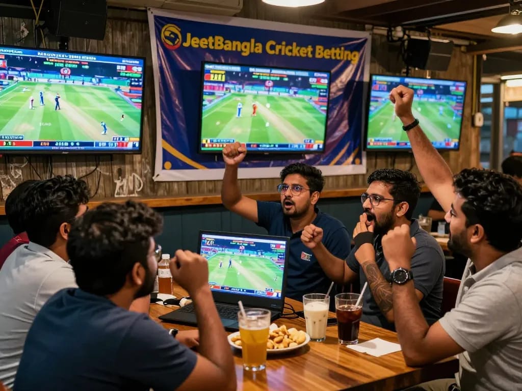 Fans engaging in JeetBangla cricket betting at a lively sports bar, watching live matches and discussing odds.