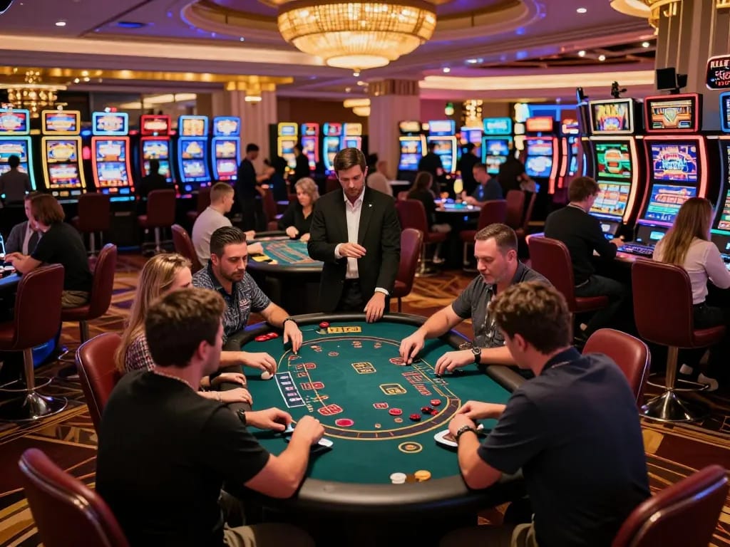 Engaging scene of players at a blackjack table in Las Vegas, showcasing luckyindex strategies for winning.