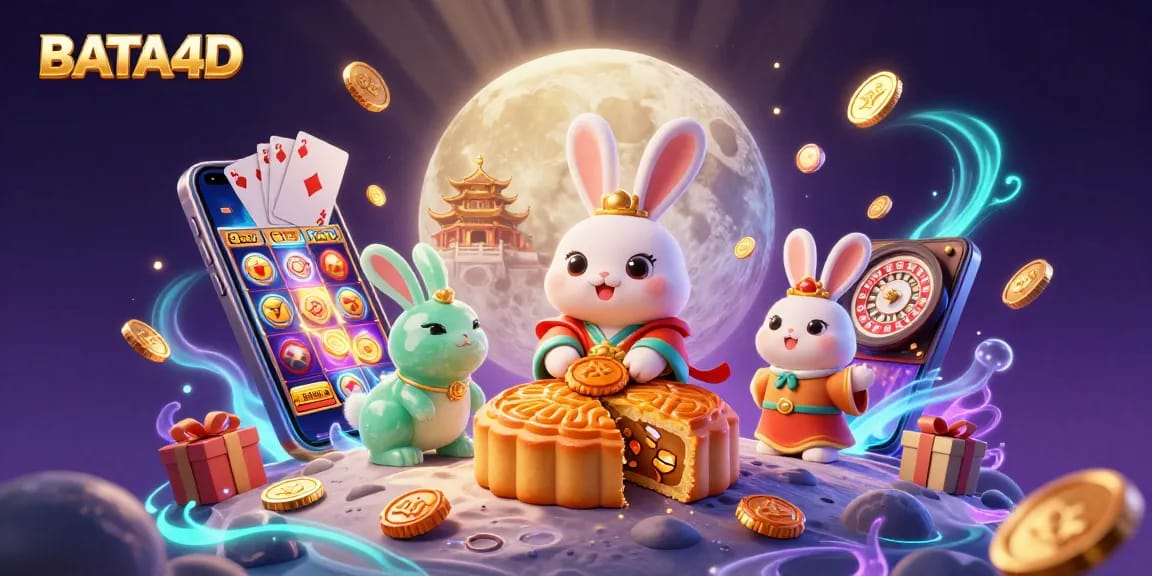 BATA4D menghadirkan ilustrasi 3D dengan kelinci bulan yang mengolah kue bulan emas sambil menikmati chip poker dan permainan slot.