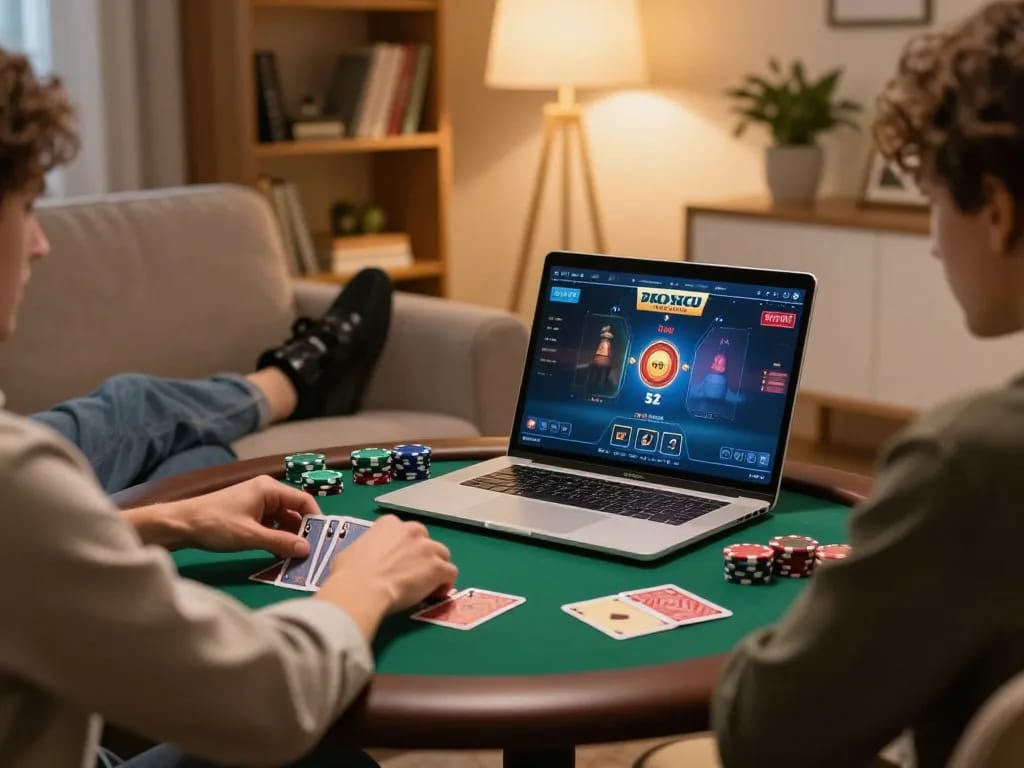 Engaging online poker strategy from home using 388bet, showcasing a laptop, cards, and chips.
