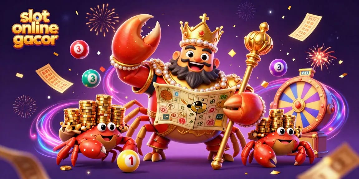 Menangkan permainan dengan slot online gacor yang menampilkan raja kepiting berkilau dan banyak elemen kasino.