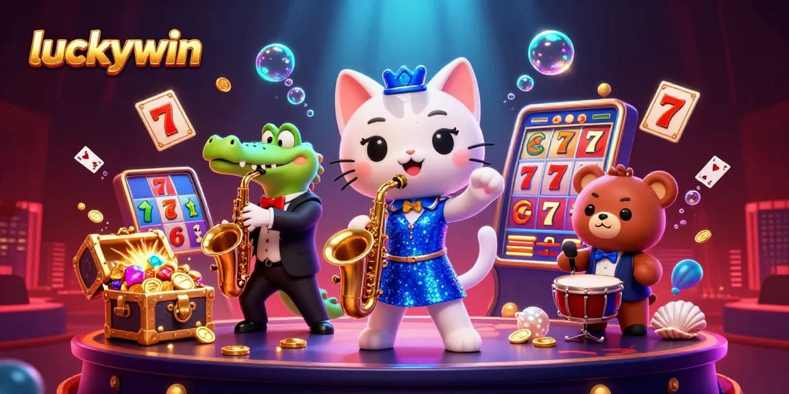 Experience thrilling gaming action with Luckywin's vibrant casino scene featuring a jazzy singer cat, a saxophone crocodile, and a drumming bear.