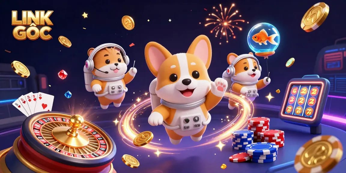 Witness the excitement of LINK GỐC with 3D characters in a floating casino full of vibrant action.