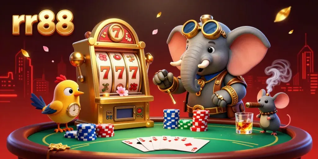 Experience the excitement of rr88 casino gaming with a dynamic illustration featuring a steampunk elephant and golden slot machine.