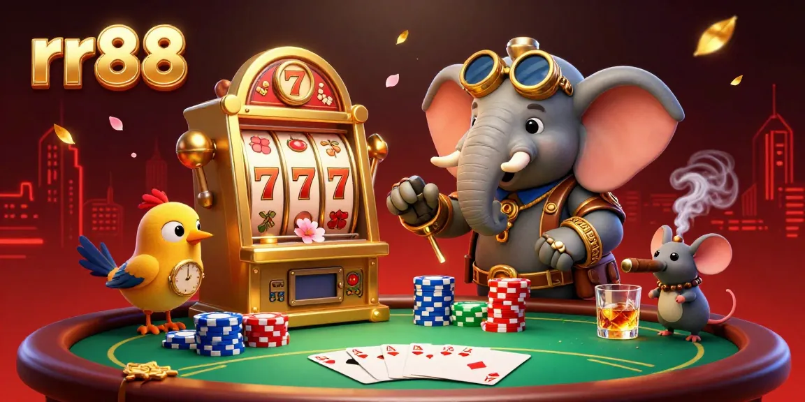 Experience the excitement of rr88 casino gaming with a dynamic illustration featuring a steampunk elephant and golden slot machine.