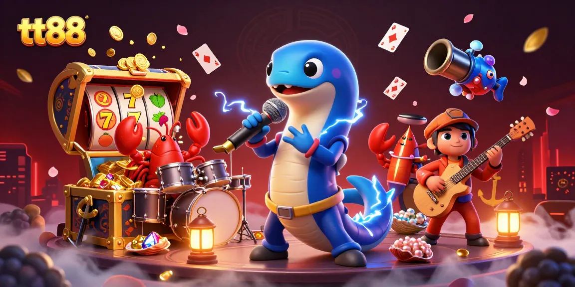 Experience excitement in the underwater casino scene with tt88's electric eel DJ surrounded by vibrant game elements.