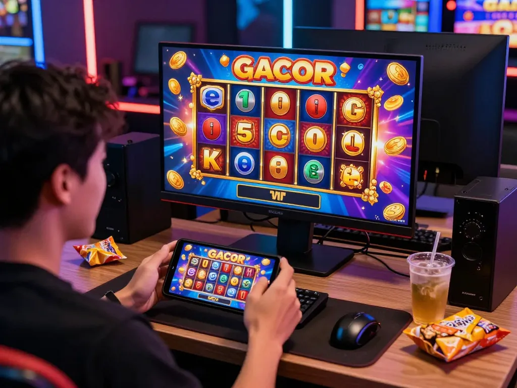 Player enjoying a slot gacor game on mobile with vibrant graphics celebrating a win.