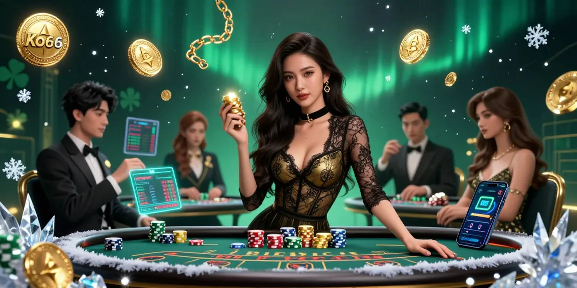 Experience the excitement at Ko66 as players engage at a high-stakes baccarat table, complete with neon cryptocurrency elements.