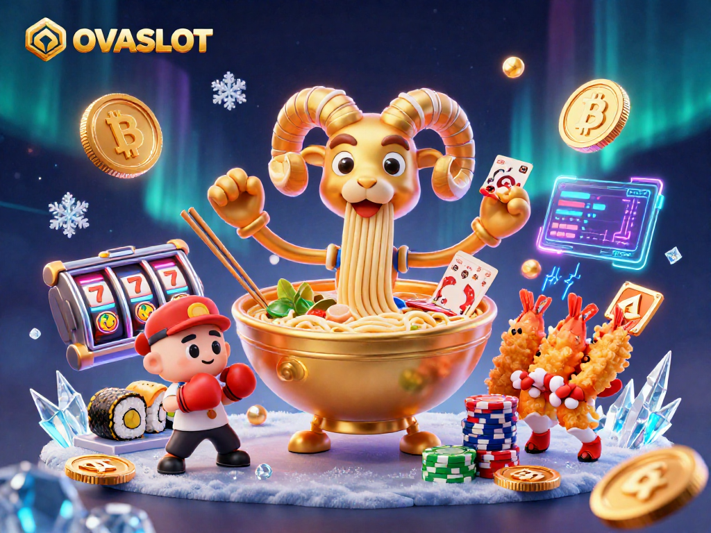 Winning with OVASLOT as a playful ramen bowl dealer and cheerful sushi roll dealer in a vibrant casino scene.