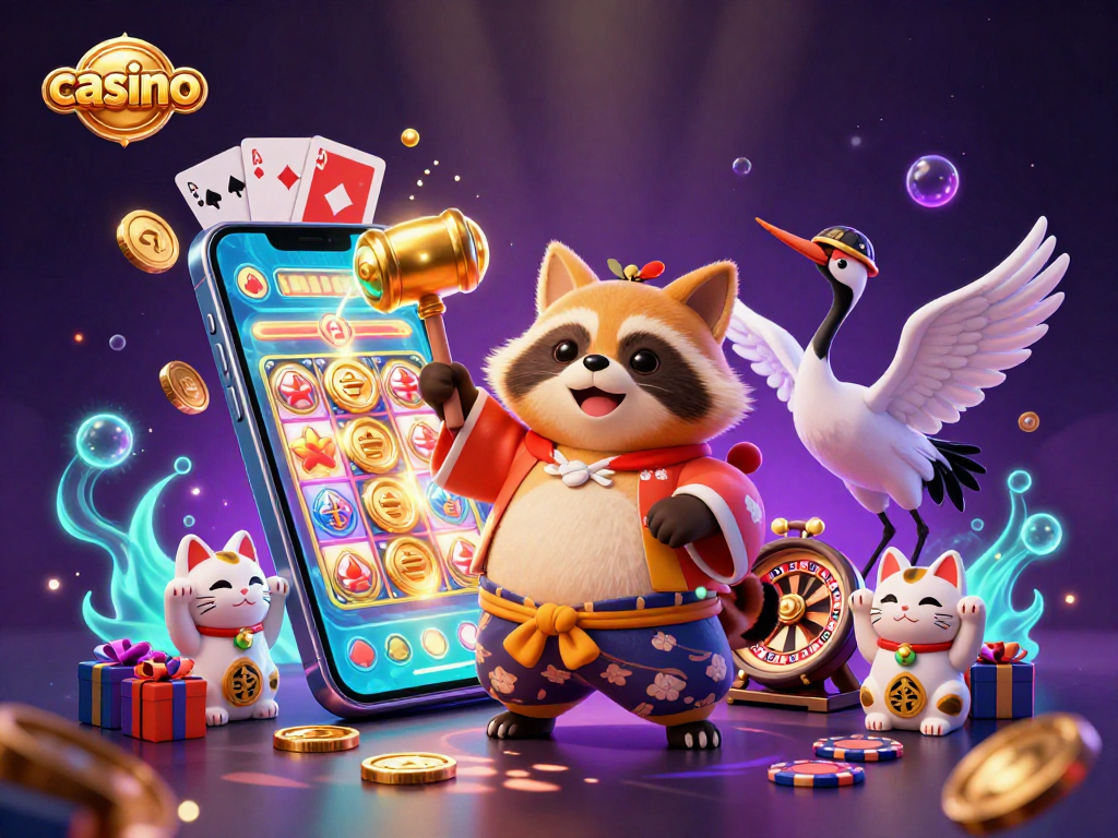 Engage with the thrilling casino scene featuring a joyful tanuki, colorful slot game elements, and fortune cats.