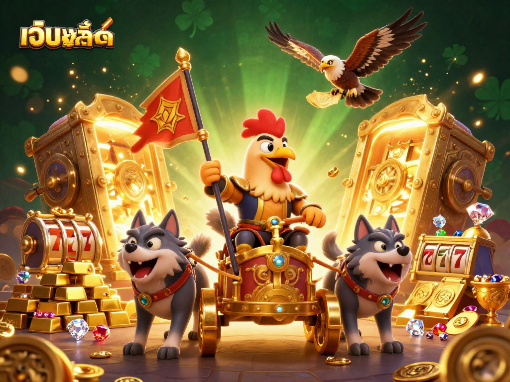 Experience เว็บสล็อต excitement with this vibrant 3D scene of a rooster warlord and treasures.