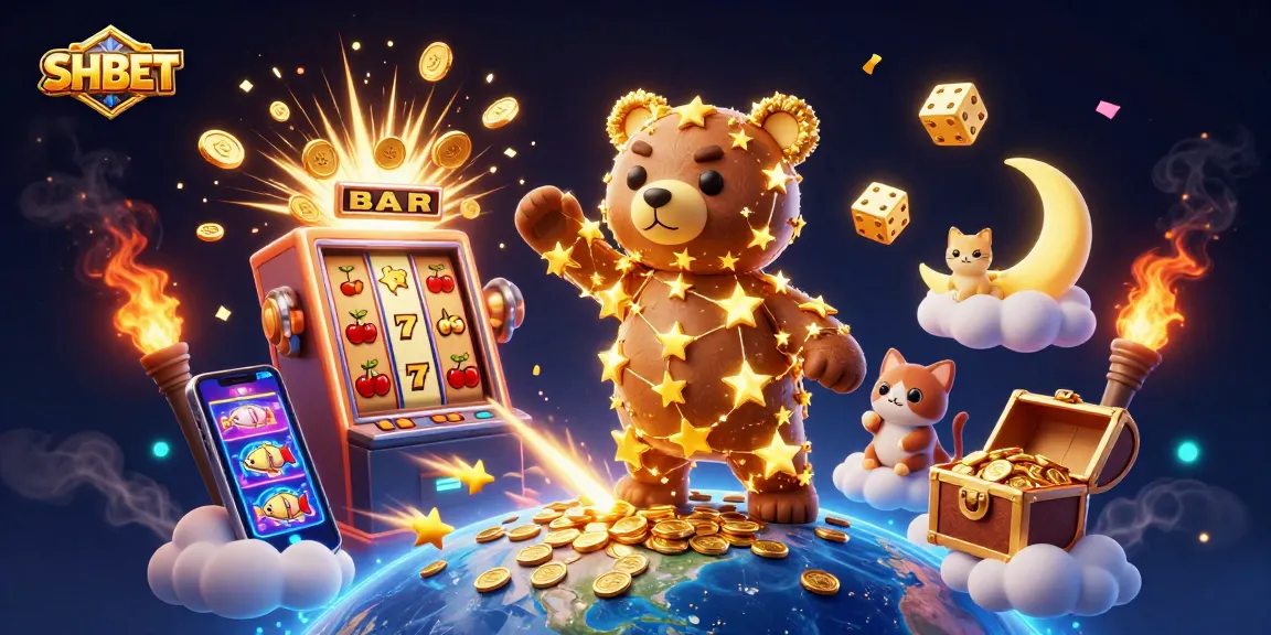 Scoop coins with SHBET, as starry bears and slot machines explode in a vibrant casino wonderland.
